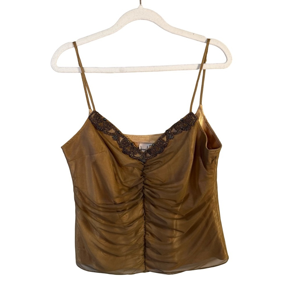 Joseph Ribkoff Gold Ruched Camisole with Beaded Trim Size 12 Y2K Festival Mesh